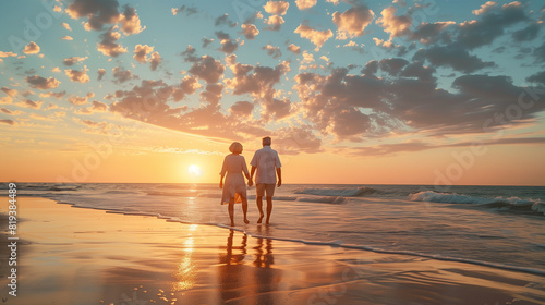 Mature Couple Walking on the Beach at Sunset © mattegg