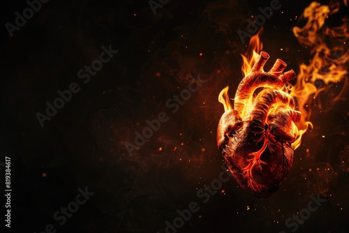 The Sacred Heart, a burning heart on a black background with copy space