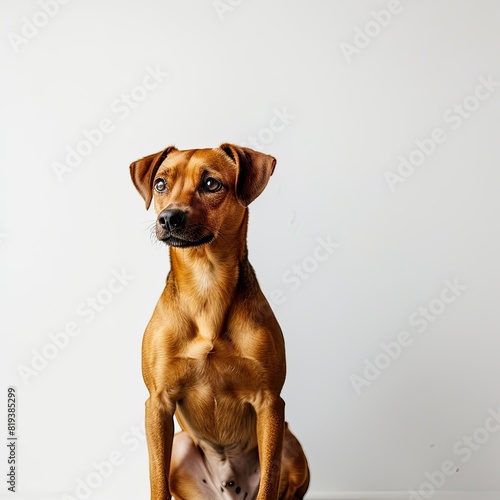 Enthusiast photo of a cute brown dog sitting sideways and looking contentedly at the camera against a white background  © grocery store design