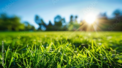 A beautiful grassy field under a clear blue sky, with sunlight casting a warm glow on the lush greenery.