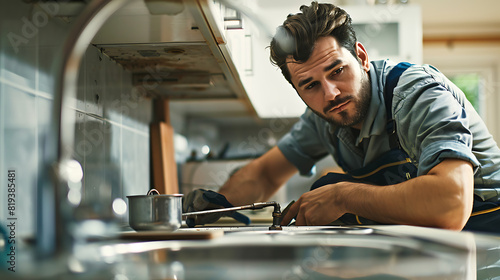 A dedicated plumber working diligently on a kitchen sink. The plumber is crouched beneath the sink, tools in hand, focused on fixing a pipe photo