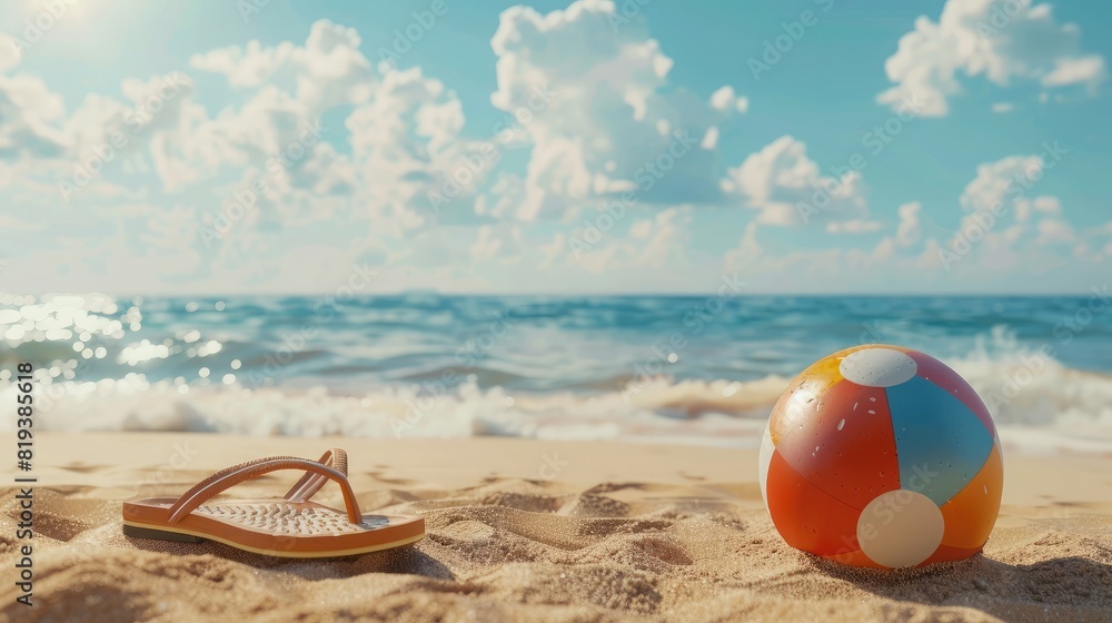 Obraz premium Close-up of a beach ball and a pair of sandals on the sandy beach, ocean waves in the distance