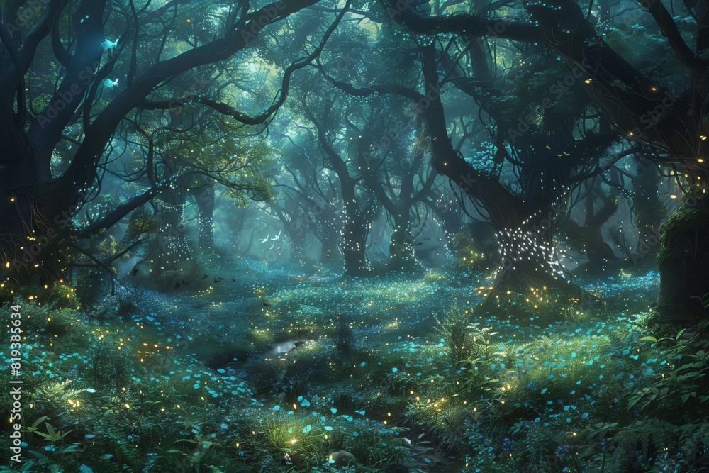 A mesmerizing enchanted forest illuminated by a surreal blue glow at twilight. The forest floor is covered with luminescent plants, casting a magical light that dances through the dense foliage.