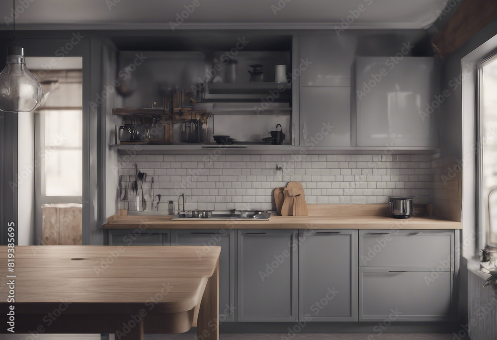 Gray and wooden kitchen with cupboards close up Gray and wooden kitchen with cupboards close up