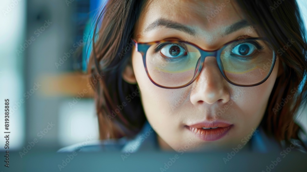 Fototapeta premium A close-up of a businesswoman's face as she reviews a line graph on a laptop, her eyes showing determination.
