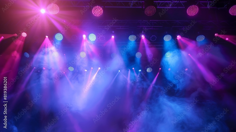 A concert stage background with bright spotlights, an LED display with captivating graphics, and smoke machines adding depth.