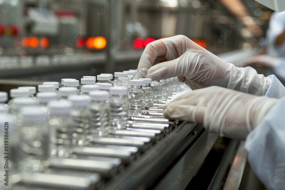 Focused view of a worker inspecting medicine vials on a production line, emphasizing quality in pharmaceuticals. Focused view of a worker inspecting medicine vials on a production line, emphasizing quality in pharmaceuticals.