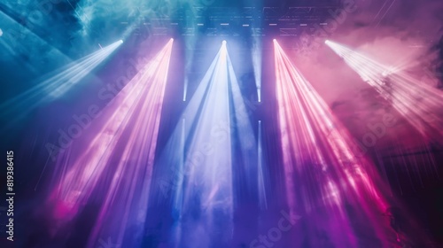 A dramatic concert stage background with beams of light cutting through smoke  creating a vibrant and energetic atmosphere.