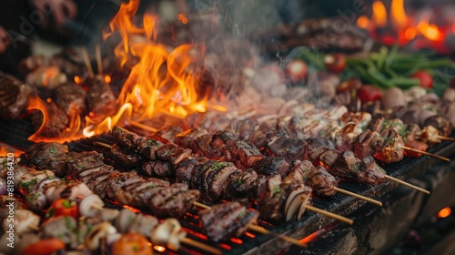 Close-up of a grill loaded with assorted meats and veggies, flames and smoke adding to the ambiance photo