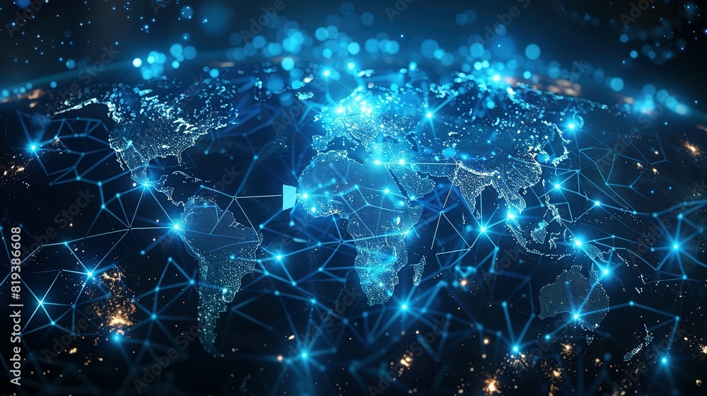 Abstract world map symbolizing global network and connectivity, international data transfer, cyber technology, worldwide business, information exchange, and telecommunication. Abstract world map symbolizing global network and connectivity, international data transfer, cyber technology, worldwide business, information exchange, and telecommunication.