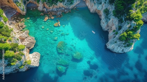 Drone view of the crystal-clear waters and cliffs of the Blue Grotto in Capri