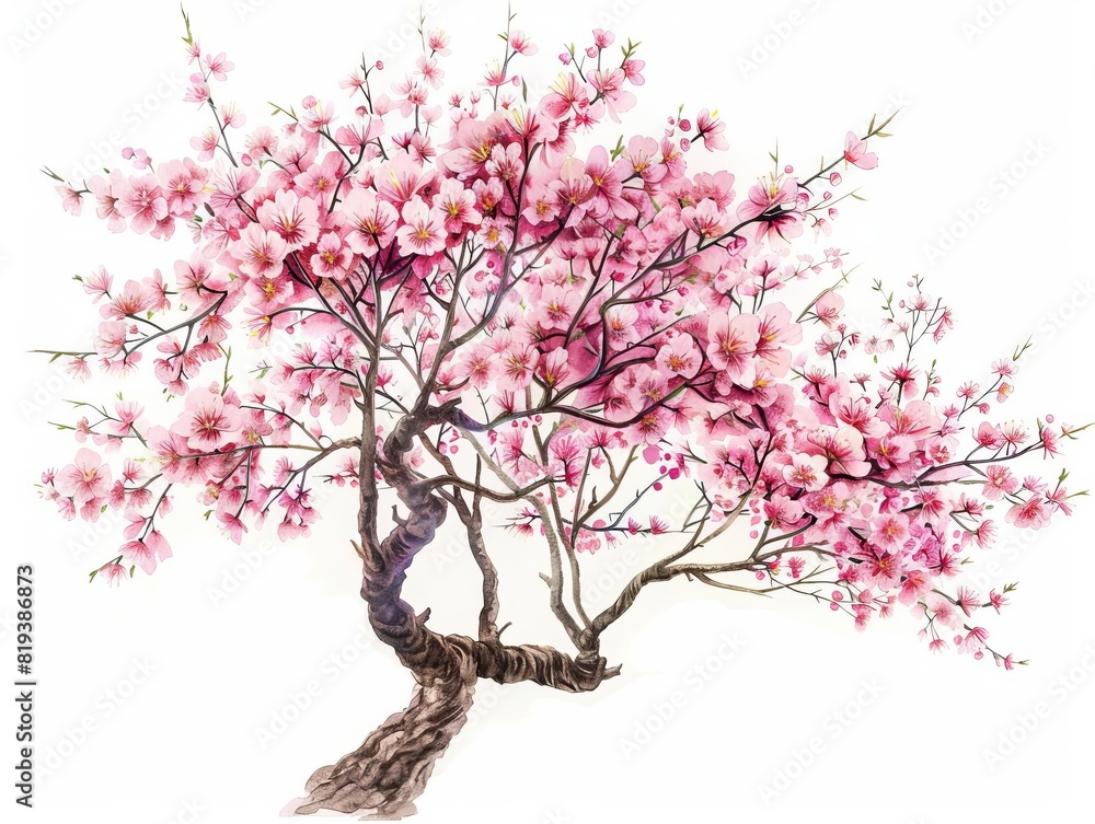 Watercolor of a serene Japanese cherry blossom tree in full bloom, delicate pink petals, elegant branches, isolate white background Watercolor of a serene Japanese cherry blossom tree in full bloom, delicate pink petals, elegant branches, isolate white background