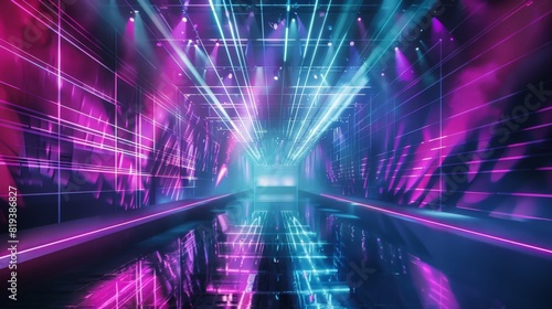 A high-tech concert stage backdrop with synchronized lights, laser beams, and a large digital screen showing dynamic visuals. photo