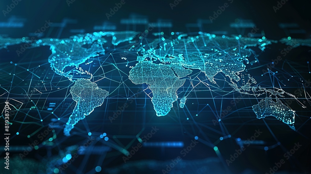 Abstract world map symbolizing global network and connectivity, international data transfer, cyber technology, worldwide business, information exchange, and telecommunication. Abstract world map symbolizing global network and connectivity, international data transfer, cyber technology, worldwide business, information exchange, and telecommunication.