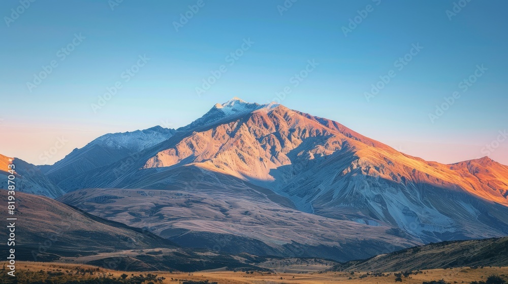 A mountain range bathed in the golden light of sunrise, with a clear sky gradually transitioning to blue. A mountain range bathed in the golden light of sunrise, with a clear sky gradually transitioning to blue.