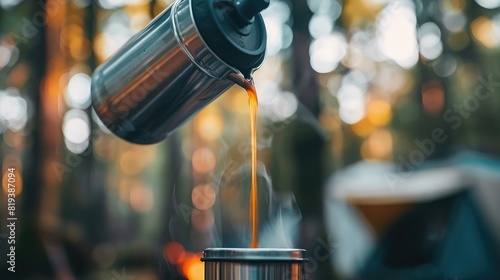 Close-up of a thermos pouring hot coffee into a cup with a campsite in the background