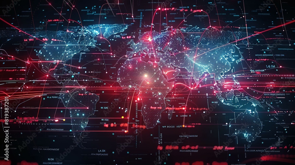 Fototapeta premium Abstract world map symbolizing global network and connectivity, international data transfer, cyber technology, worldwide business, information exchange, and telecommunication.