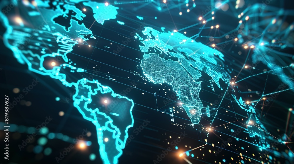 Abstract world map symbolizing global network and connectivity, international data transfer, cyber technology, worldwide business, information exchange, and telecommunication.