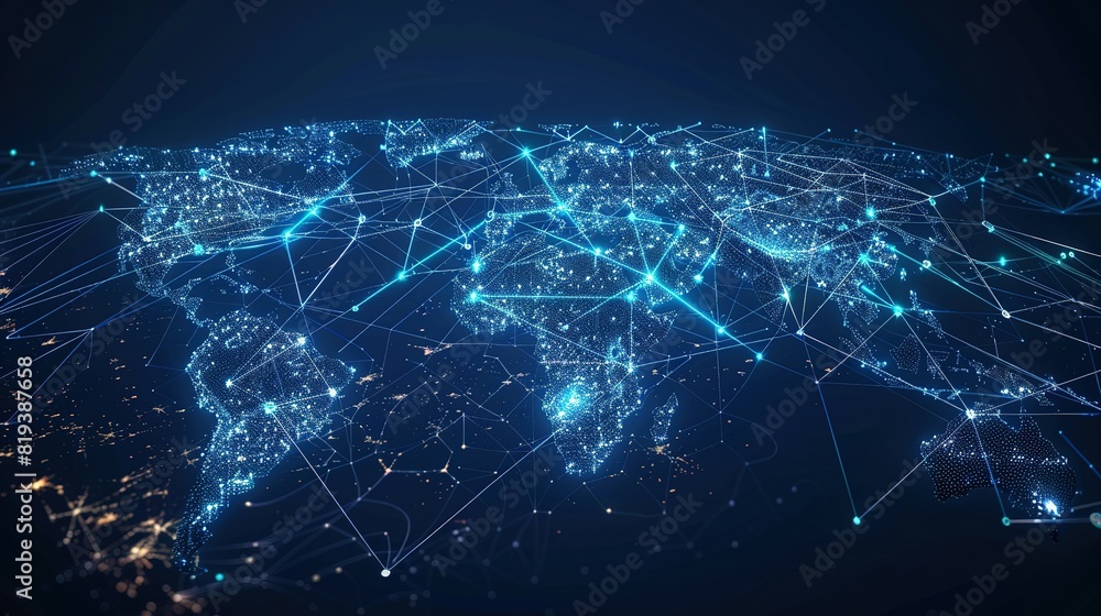 Abstract world map symbolizing global network and connectivity, international data transfer, cyber technology, worldwide business, information exchange, and telecommunication. Abstract world map symbolizing global network and connectivity, international data transfer, cyber technology, worldwide business, information exchange, and telecommunication.