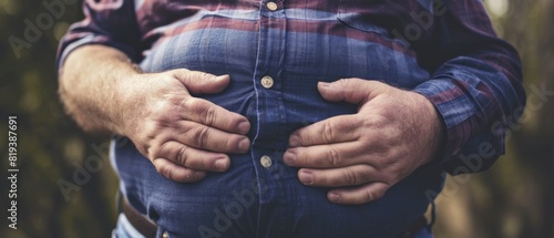Fat man with big belly in front background with copy space. The concept of obesity. Obesity Concept with Copy Space.	
 photo