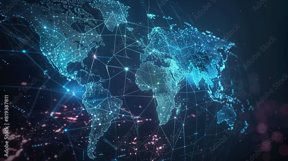 Abstract world map symbolizing global network and connectivity, international data transfer, cyber technology, worldwide business, information exchange, and telecommunication. Abstract world map symbolizing global network and connectivity, international data transfer, cyber technology, worldwide business, information exchange, and telecommunication.