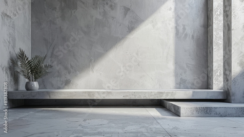 A large, empty room with a white wall and a grey floor. A plant is sitting on a ledge in the room