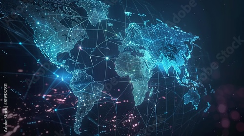 Abstract world map symbolizing global network and connectivity, international data transfer, cyber technology, worldwide business, information exchange, and telecommunication.