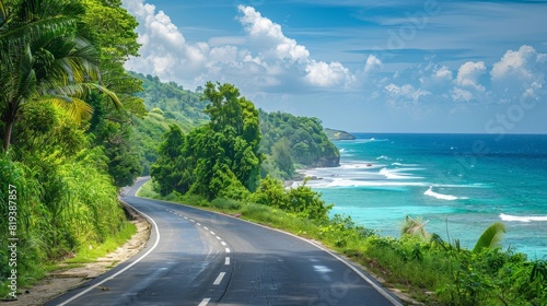 A scenic route along the ocean, with the road flanked by lush greenery on one side and the expansive sea on the other.