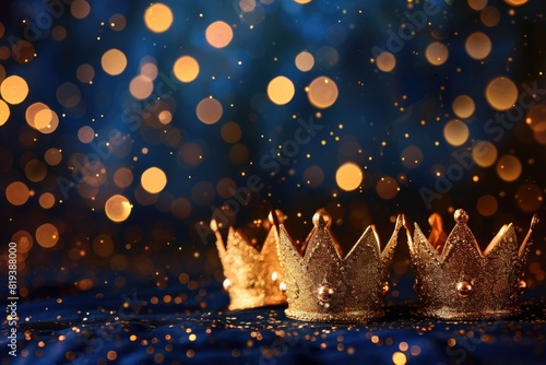 Three gold shiny crowns on festive background. Three Kings day or Epiphany day holiday celebration night background photo
