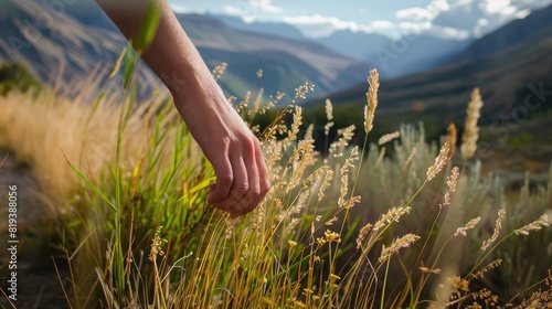 Hand brushing against tall grass on the side of a trail  with mountains in the distance