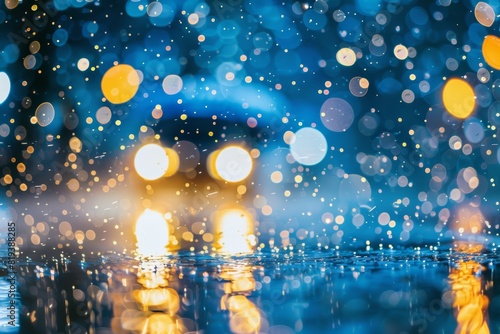 Blurred image of a car driving on a rainy night with bright bokeh lights reflecting on wet pavement creating a colorful, dreamy atmosphere.