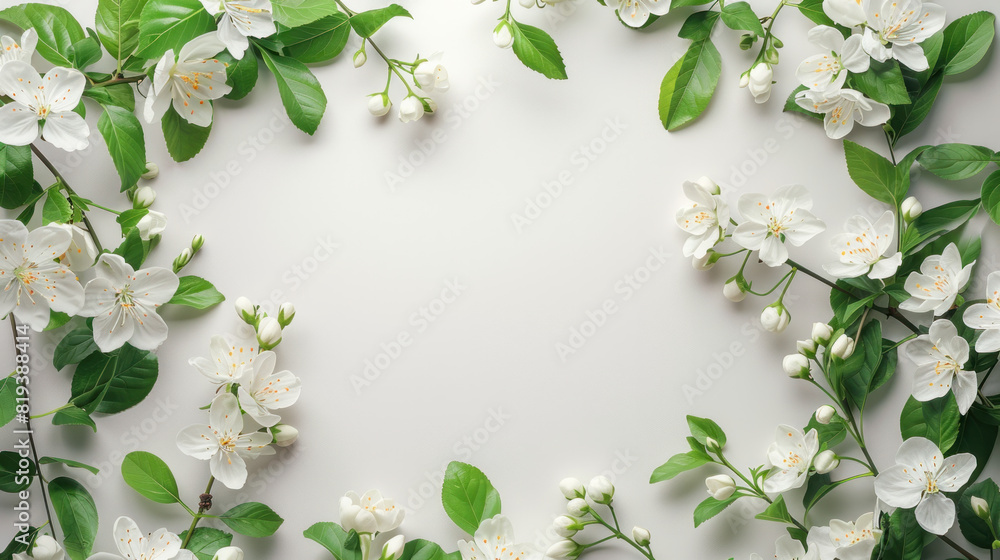 Fototapeta premium A white flower with green leaves is in the center of a white background. The flower is surrounded by green leaves, and the entire image has a serene and calming mood