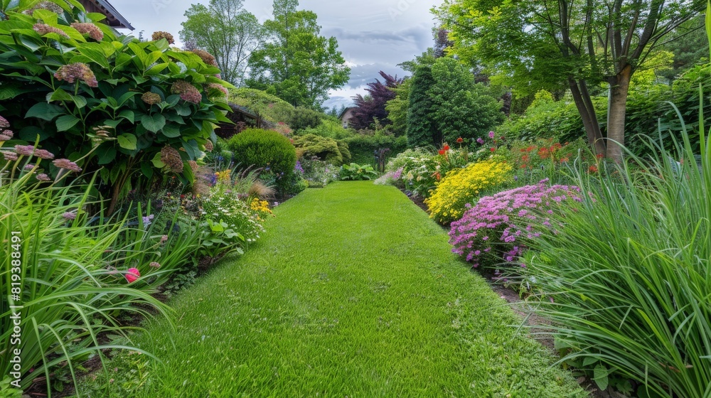 Obraz premium A sprawling, well-maintained lawn with neatly trimmed edges, surrounded by a picturesque garden and blooming flowers.