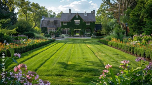 A sprawling, well-maintained lawn with neatly trimmed edges, surrounded by a picturesque garden and blooming flowers.