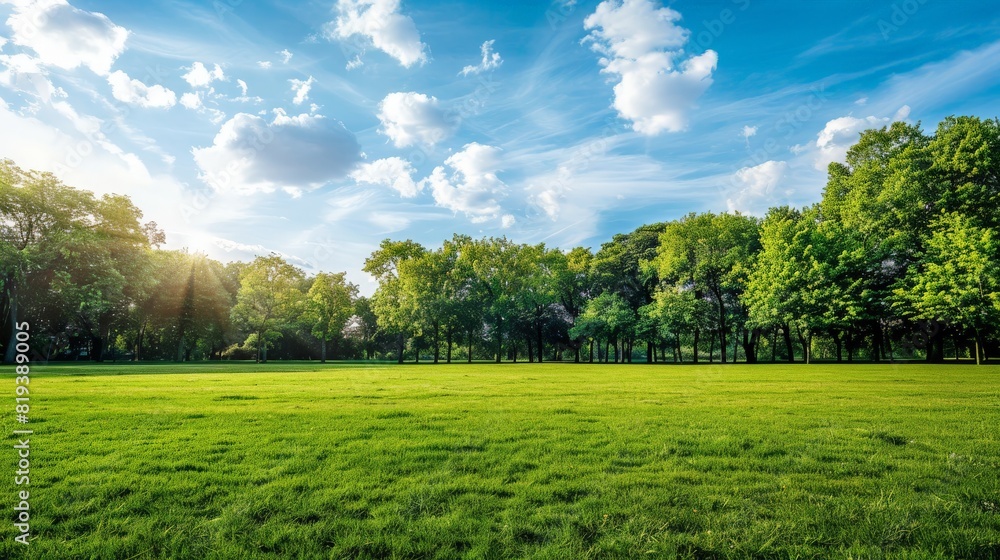 An open grassy field in a public park, with well-kept grass and a backdrop of mature trees and blue sky.