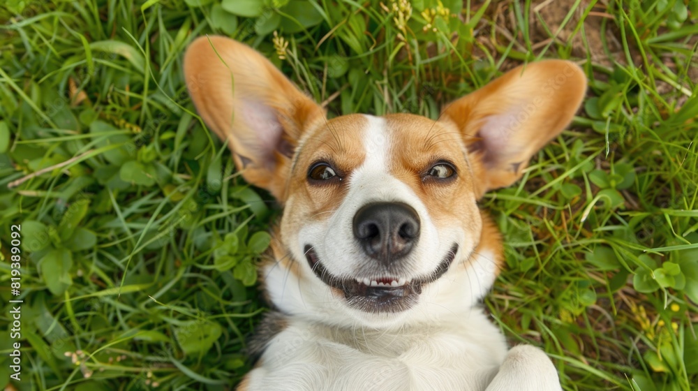 Top down view of a happy beagle dog lying on the back in the grass Top down view of a happy beagle dog lying on the back in the grass