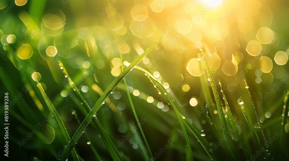 Obraz premium Close-up of dew drops glistening on blades of grass in the early morning light, creating a sparkling effect.