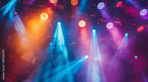 Close-up of stage spotlights in various colors, adding drama and excitement to a live music performance. photo