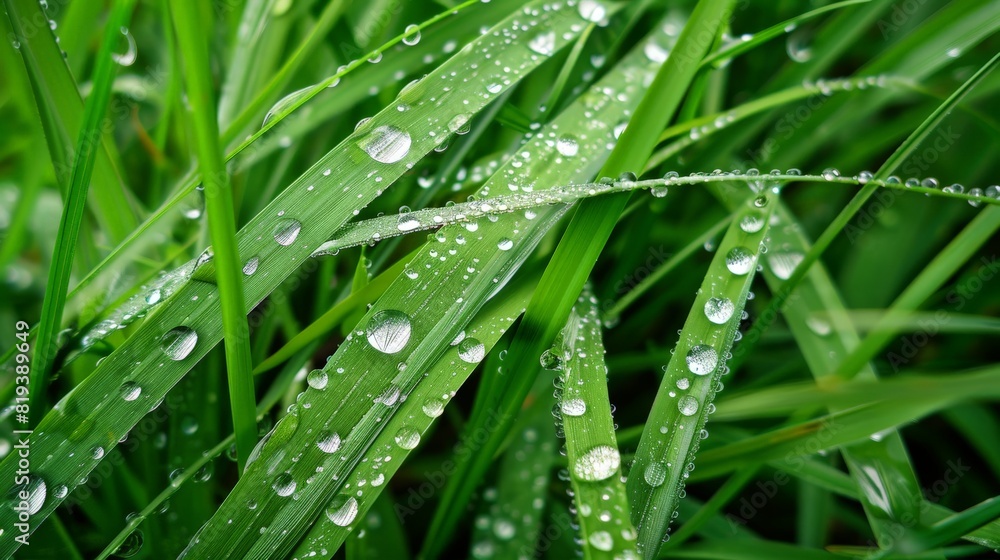 Dewy grass in the morning light, with droplets forming perfect beads that glisten against the vibrant green. Dewy grass in the morning light, with droplets forming perfect beads that glisten against the vibrant green.