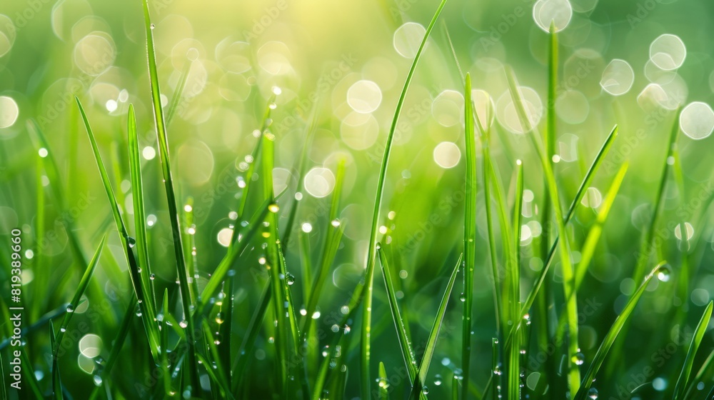 Fototapeta premium Dewy grass in the morning light, with droplets forming perfect beads that glisten against the vibrant green.