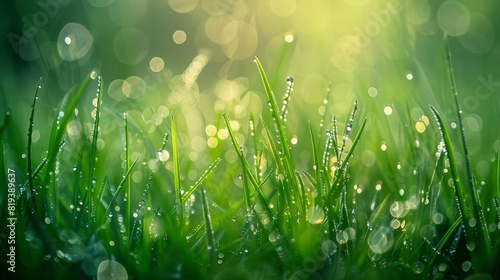 Dewy grass in the morning light, with droplets forming perfect beads that glisten against the vibrant green. © chanidapa