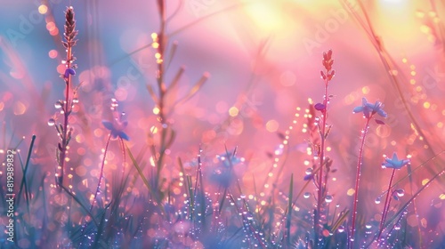 Early morning dew on a meadow  with each droplet reflecting the soft colors of the sunrise