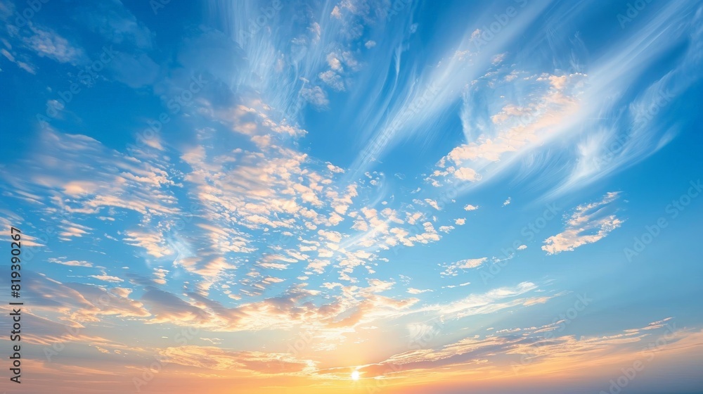 Morning sky with wisps of clouds catching the first light of dawn, creating a peaceful and inspiring scene. Morning sky with wisps of clouds catching the first light of dawn, creating a peaceful and inspiring scene.