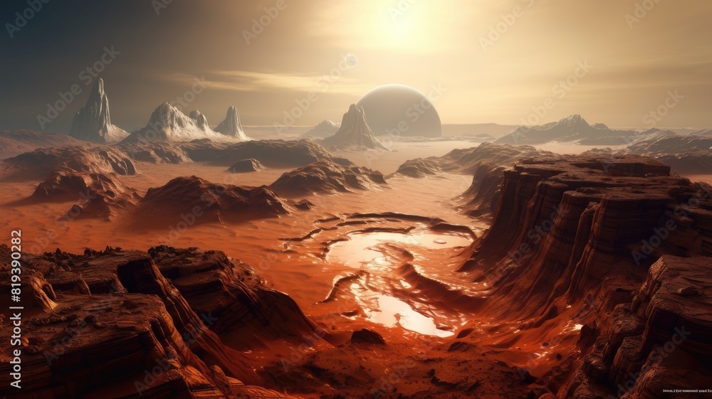 Image of close up of the surface of Mars with red, brown and orange texture with rugged rocks and mountain. Red dessert landscape with rough texture with rock scattering around. Sci-fi concept. AIG35.