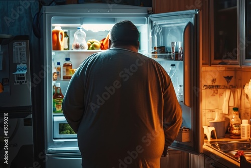 Man looking for food in fridge. Rear view. Overweight. Overeating Concept. Obesity Concept with Copy Space. 