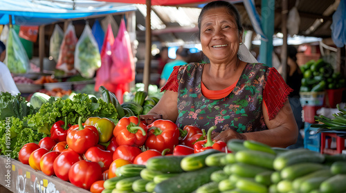 A cheerful lady selling vegetables in a bustling market. She stands behind a wooden stall overflowing with vibrant, fresh produce including tomatoes, bell peppers, cucumbers, and leafy greens