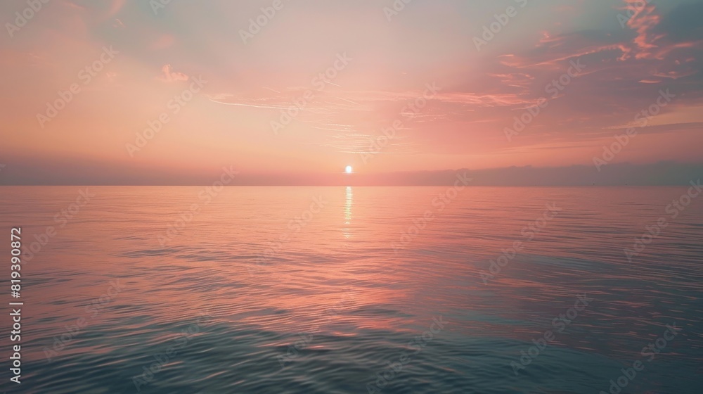 The morning sky over a calm sea, reflecting hues of pink and gold as the sun rises above the horizon.