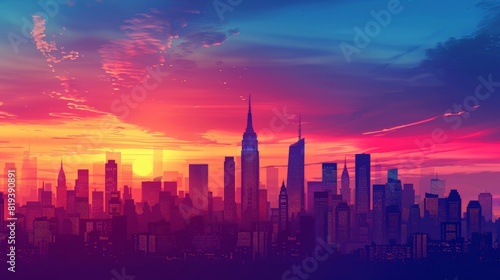 The vibrant colors of a morning sky over a cityscape  with skyscrapers silhouetted against the dawn.