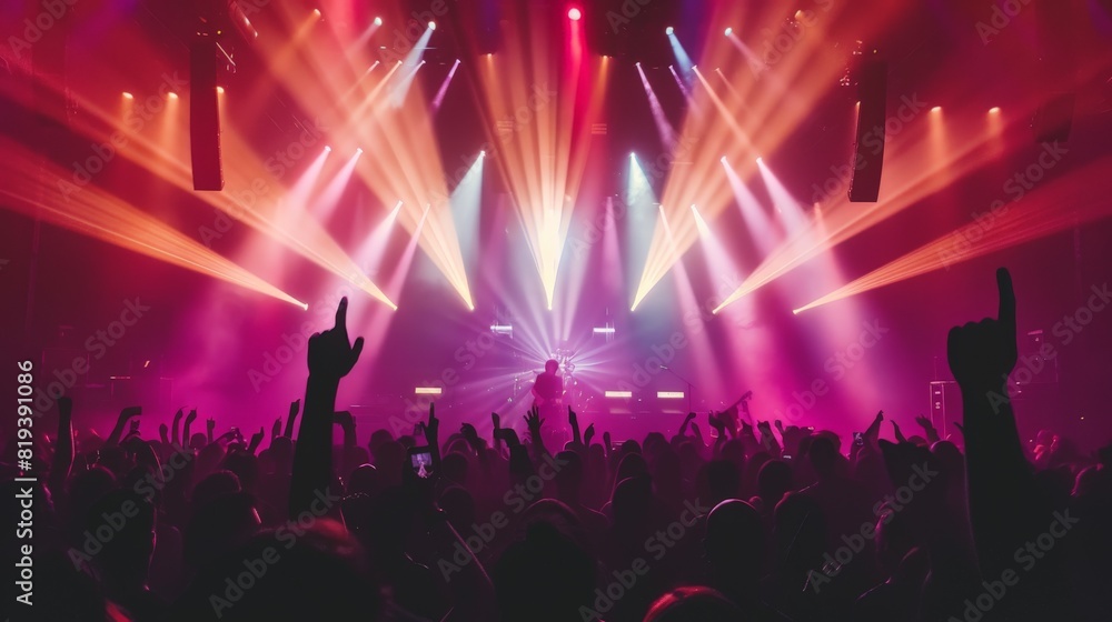 Vibrant stage lights illuminating a concert venue, casting colorful beams of light onto the ecstatic crowd below.