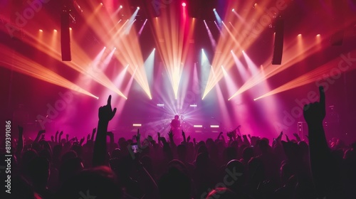 Vibrant stage lights illuminating a concert venue  casting colorful beams of light onto the ecstatic crowd below.